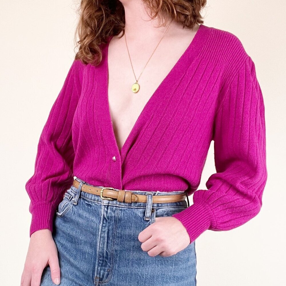 Vintage Lambswool & Angora Hair Ribbed Knit Cardigan Sweater Puffed Poof Sleeves - Picture 7 of 7